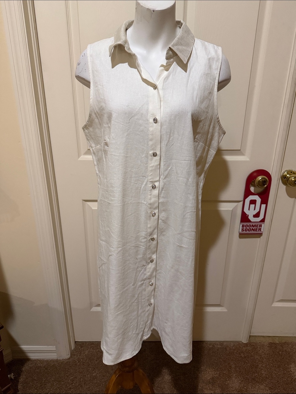 MSK Linen Metallic Collar Shirt Dress in Cream and Gold w/ Rhinestone buttons